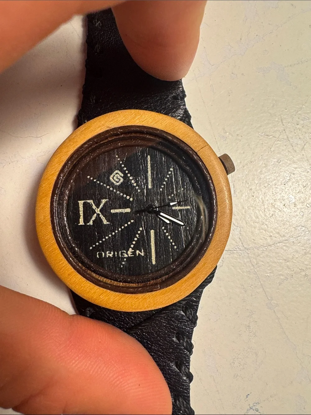Black Leather Smartwatch with Wooden Bezel - Unbranded